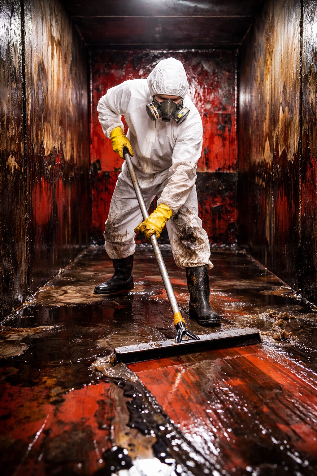 Tankreinigung Heizöltank durch Fachbetrieb Arbeiter im weißen Schutzanzug reinigt einen verschmutzten Heizöltank mit Abzieher